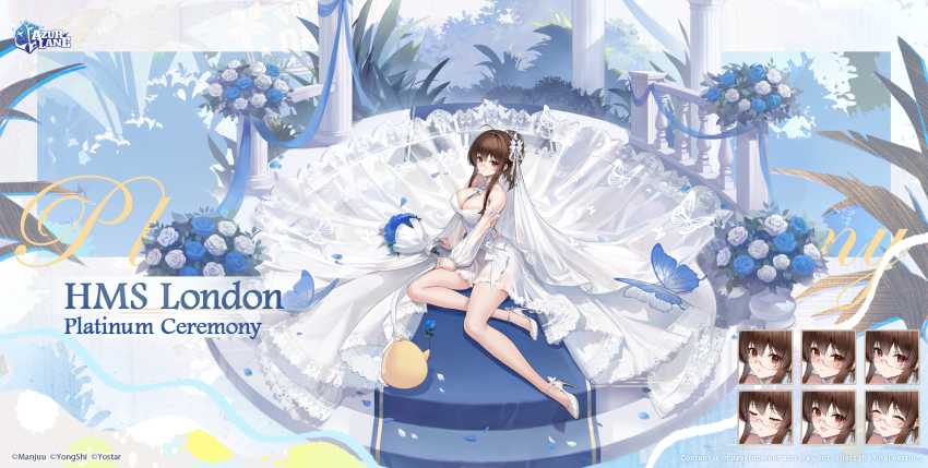 1girl :d artist_request azur_lane bare_shoulders blue_flower blue_rose bouquet breasts bridal_veil brown_hair bug butterfly copyright_name detached_sleeves dress multiple_expressions flower glasses hair_ornament halterneck high_heels highres holding holding_bouquet insect large_breasts legs logo london_(azur_lane) london_(platinum_ceremony)_(azur_lane) long_dress long_sleeves looking_at_viewer manjuu_(azur_lane) official_alternate_costume official_art open_mouth promotional_art red_eyes rose sidelocks sitting smile strappy_heels veil wedding_dress yokozuwari