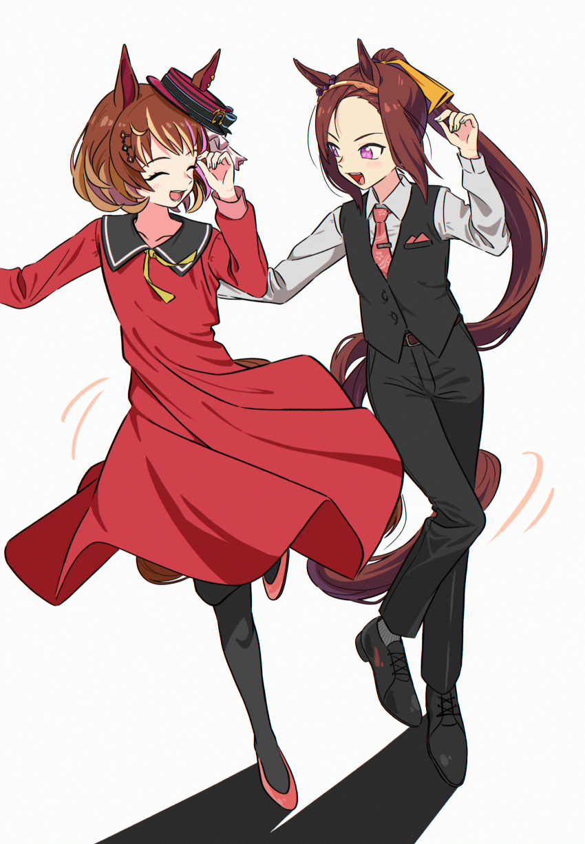 2girls absurdres animal_ears appleq belt black_pantyhose black_vest blush boater_hat bow brown_hair curtained_hair dancing dress dress_shoes ear_ornament flower_in_eye formal_clothes grey_socks hair_ornament hairband highres horse_ears horse_girl horse_tail laughing long_hair long_sleeves looking_at_another medium_hair multiple_girls necktie north_flight_(umamusume) pantyhose parted_bangs ponytail red_dress red_handkerchief red_necktie red_shoes sailor_collar sakura_bakushin_o_(umamusume) shadow shirt shoes smile socks spinning standing standing_on_one_leg suit symbol_in_eye tail umamusume vest white_background white_bow white_shirt yellow_bow