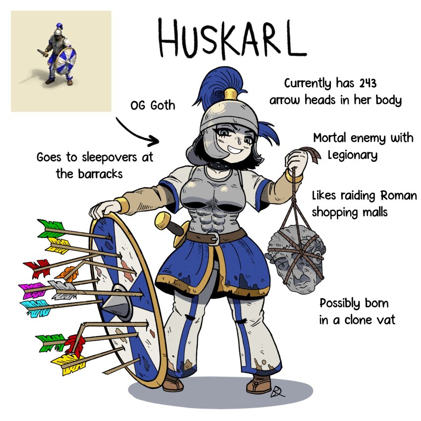 1girl abs age_of_empires_(series) age_of_empires_ii armor arrow_(projectile) black_hair blue_eyes blue_skirt breastplate dirty dirty_clothes english_text helm helmet highres hilt huskarl_(age_of_empires_ii) kabewski long_sleeves pants reference_inset rope severed_head shield skirt statue sword weapon white_background