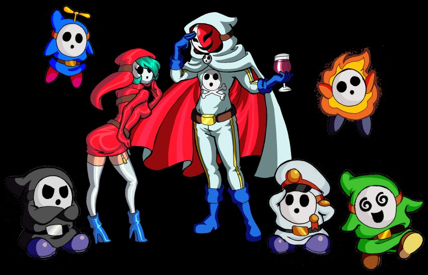 1girl 6+boys absurdres belt breasts cape cup drinking_glass garter_straps gender_request genderswap green_hair hair_over_one_eye highres hood hoodie long_sleeves mario_(series) mask multiple_boys nintendo phanto shy_gal shy_guy sleeves_past_wrists super_mario_bros._1 thighhighs white_thighhighs wine_glass