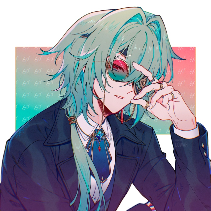 1boy anaxa_(honkai:_star_rail) ascot black_jacket blue_ascot collared_shirt commentary english_commentary eyepatch eyewear_strap gradient-tinted_eyewear gradient_background green-tinted_eyewear green_background green_hair highres honkai:_star_rail honkai_(series) jacket jewelry long_hair long_sleeves lowah male_focus multiple_rings ponytail red-tinted_eyewear red_background ring shirt solo tinted_eyewear upper_body white_shirt