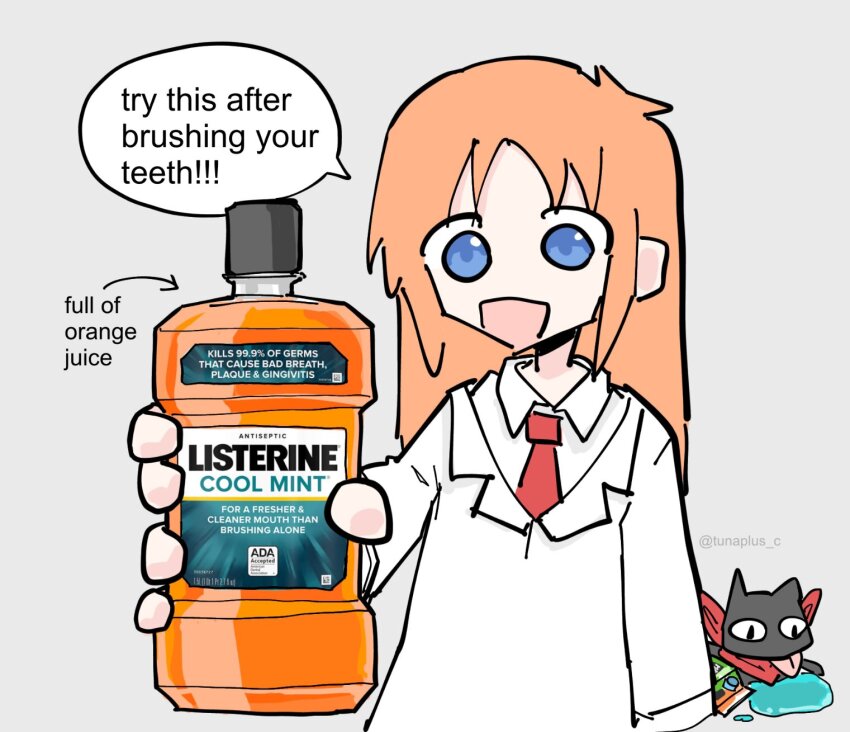 animal blue_eyes bottle carton cat english_text grey_background highres holding holding_bottle juice lab_coat label licking listerine long_hair necktie nichijou orange_hair orange_juice prank professor_shinonome red_necktie sakamoto_(nichijou) shirt speech_bubble spill tunaplus_c white_shirt