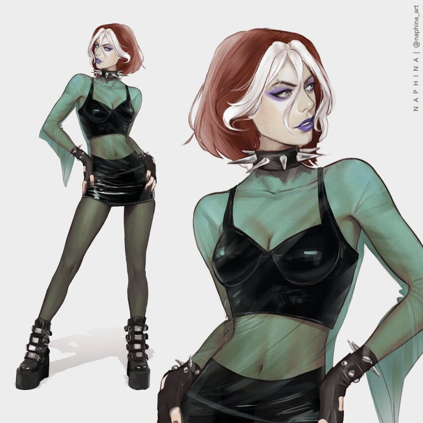 1girl artist_request boots breasts brown_hair collar colored_bangs gloves high_heel_boots high_heels makeup marvel multicolored_hair pantyhose pencil_skirt rogue_(x-men) skirt smile solo spiked_collar spikes two-tone_hair white_hair x-men x-men_evolution