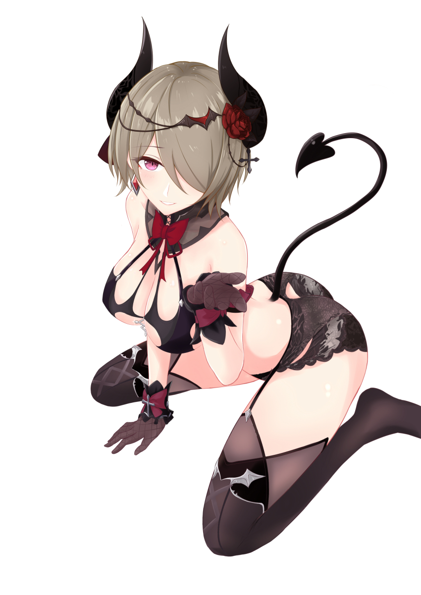 1girl absurdres alternate_costume arm_support ass black_bra black_gloves black_panties blush bow bowtie bra breasts cleavage cross_hair_ornament demon_horns demon_tail earrings female_focus flower frills garter_belt garter_straps glint gloves hair_flower hair_ornament hair_over_one_eye hand_up highres hiroshi_(2443303124) honkai_(series) honkai_impact_3rd horns jewelry large_breasts light_brown_hair lingerie looking_at_viewer mole mole_under_eye panties purple_eyes red_bow red_bowtie red_flower red_rose rita_rossweisse rita_rossweisse_(dusky_murmurs) rita_rossweisse_(umbral_rose) rose short_hair sidelocks silver simple_background sitting smile solo spider_web_print tail thighhighs underwear wariza white_background wrist_cuffs