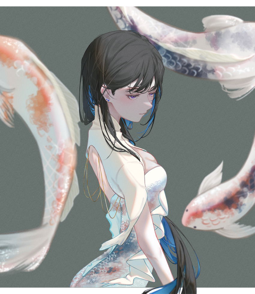 1girl backless_dress backless_outfit black_hair blue_hair breasts cleavage colored_inner_hair dress earrings fish highres jewelry koi lazel_1057 multicolored_hair parted_lips punishing:_gray_raven purple_eyes selena_(pgr) small_breasts white_dress