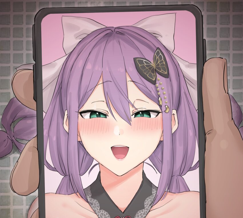 1girl akkgsyk blush cellphone character_request close-up copyright_request green_eyes highres holding holding_phone object_focus phone pov purple_hair smartphone solo_focus symbol-shaped_pupils