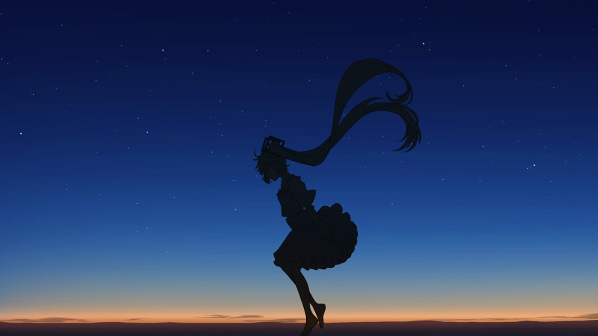 1girl barefoot closed_eyes closed_mouth commentary dusk english_commentary floating_hair frilled_shirt frills from_side gradient_sky hatsune_miku highres horizon layered_skirt long_hair miku_day nengoro night night_sky orange_sky outdoors puffy_short_sleeves puffy_sleeves scenery shirt short_sleeves silhouette skirt sky sky_focus solo star_(sky) starry_sky twintails very_long_hair vocaloid wide_shot