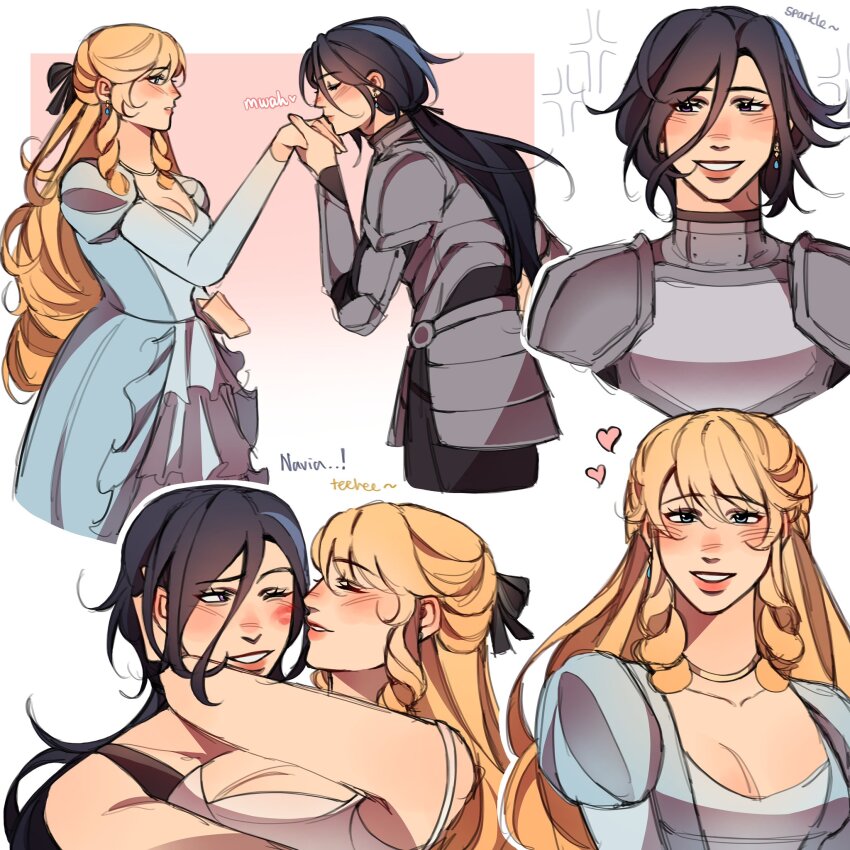 2girls armor arms_around_neck blonde_hair blue_dress blue_eyes blue_hair blush bra clorinde_(genshin_impact) closed_eyes closed_mouth commentary dress drill_hair earrings english_commentary english_text genshin_impact grin heart highres jewelry juliet_sleeves kiss kissing_hand knight lipstick_mark lipstick_mark_on_face long_hair long_sleeves lynokii multicolored_hair multiple_girls navia_(genshin_impact) puffy_sleeves purple_eyes smile sparkle streaked_hair underwear white_background white_bra yuri