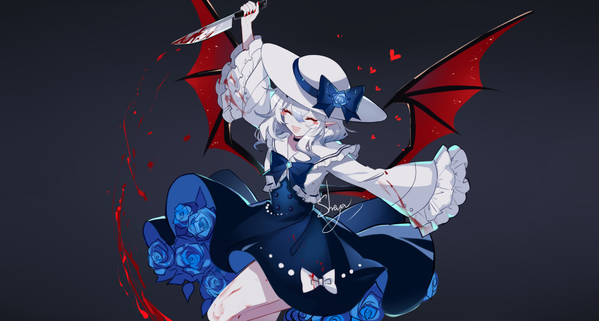 1girl :d ^_^ arm_up artist_name black_background blood blood_on_clothes blood_on_leg bloody_weapon blue_dress blush_stickers closed_eyes commentary demon_wings dress hair_between_eyes heart highres holding holding_knife holding_weapon knife long_sleeves medium_hair open_mouth original pale_skin pointy_ears sheya signature simple_background smile solo weapon white_hair white_headwear wide_sleeves wings