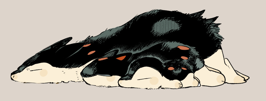 animal_focus badger_ears closed_eyes commentary_request cyndaquil evolutionary_line fluff fluffy from_side full_body gen_2_pokemon grey_background highres lying newo_(shinra-p) nintendo no_humans on_stomach pokemon pokemon_(creature) quilava size_difference typhlosion