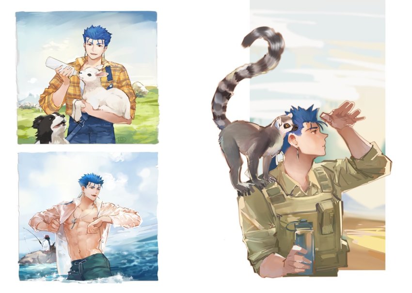 1boy alternate_costume animal bird blue_hair blue_sky border_collie bottle cu_chulainn_(fate) cu_chulainn_(fate/stay_night) day dog earrings fang fate/stay_night fate_(series) feeding guttia in_water jewelry lamb lemur long_hair male_focus multiple_views navel nipples open_clothes open_mouth open_shirt outdoors penguin plaid_clothes plaid_shirt ponytail red_eyes sheep shirt sky sleeves_rolled_up spiked_hair type-moon wading water_bottle