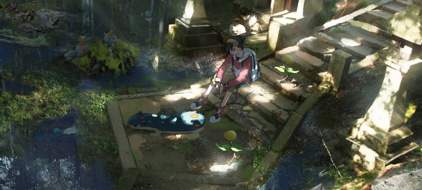 1boy absurdres asteroid_ill backpack backwards_hat bad_id bad_twitter_id bag barboach baseball_cap bellsprout black_headwear chewtle closed_mouth commentary_request dappled_sunlight day ethan_(pokemon) gen_1_pokemon gen_2_pokemon gen_3_pokemon gen_5_pokemon gen_8_pokemon growlithe hat highres jacket light_beam long_sleeves male_focus moss nintendo outdoors palpitoad pokemon pokemon_(creature) pokemon_gsc quilava red_jacket shoes sitting stairs sunlight water white_bag