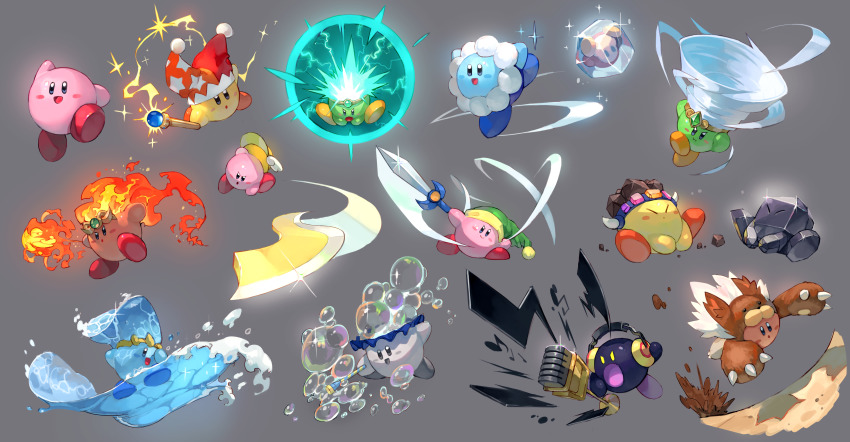 1boy absurdres animal_costume animal_kirby beam_kirby blush boomerang breath_weapon breathing_fire bubble bubble_kirby claws cutter_kirby electricity fire fire_kirby grey_background hat highres holding holding_weapon ice_kirby kirby kirby_(series) male_focus metal_kirby microphone mike_kirby nintendo no_humans rock screaming simple_background solo spark_kirby stone_kirby surfing sword sword_kirby tornado tornado_kirby transformation uedrk_yamato waddle_dee water water_kirby weapon