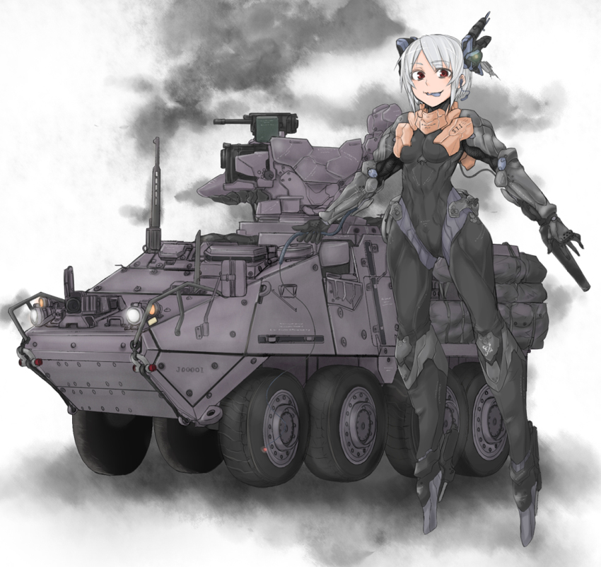 1girl ammunition_box android armored_personnel_carrier armored_vehicle automatic_grenade_launcher bad_id bad_pixiv_id bodysuit cable colored_tongue crew-served_weapon female_focus grenade_launcher gun infantry_fighting_vehicle mecha_musume military military_vehicle mk_19_grenade_launcher motor_vehicle muscular protector_rws red_eyes remote_controlled_weapon_station sigama smoke solo stryker_(afv) tongue vehicle weapon white_hair