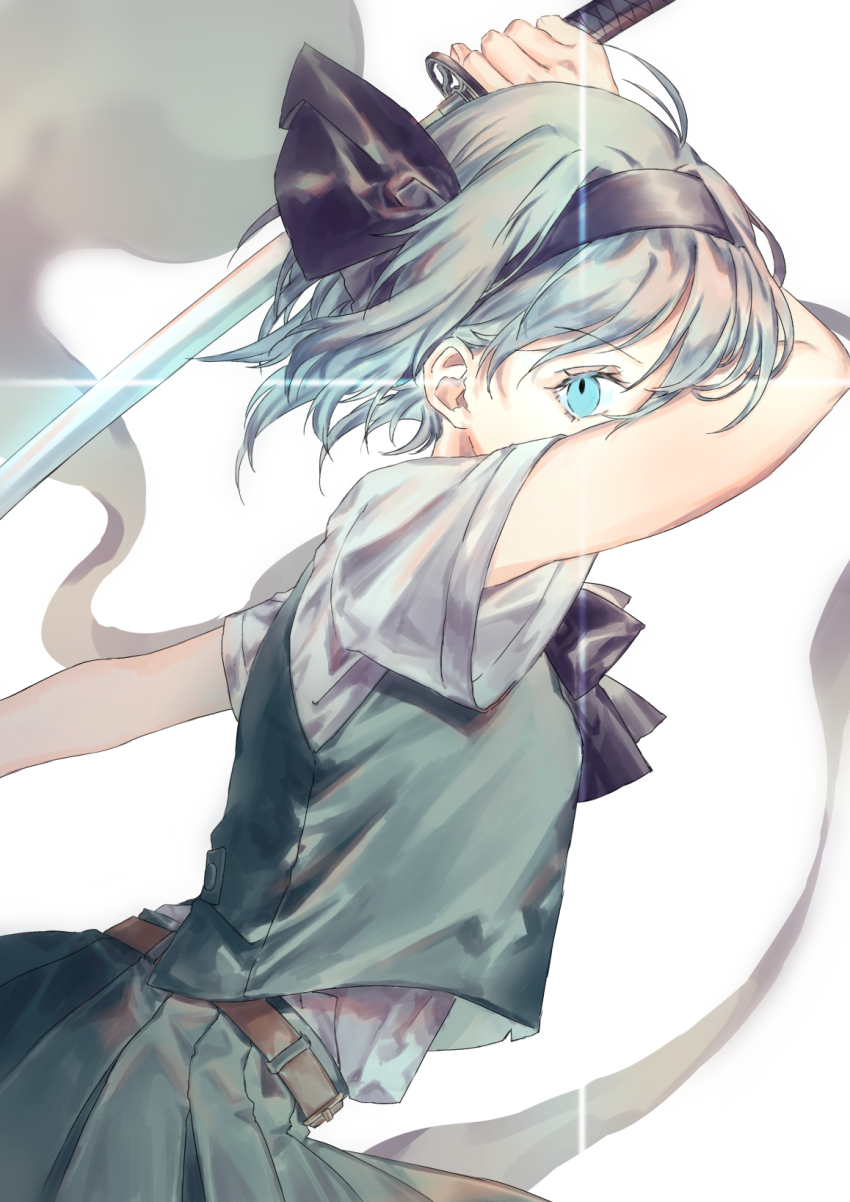 1girl ama_asagi belt blue_eyes female_focus green_skirt green_vest hair_ribbon hairband highres katana konpaku_youmu konpaku_youmu_(ghost) plaid_clothes plaid_skirt ribbon shirt short_hair simple_background skirt solo sparkle standing swing sword touhou unsheathed vest weapon white_background