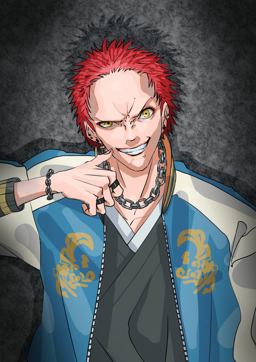 1boy chain ear_piercing eyelashes fangs grey_background harai_kuko highres hypnosis_mic jacket japanese_clothes jewelry letterman_jacket long_sleeves looking_at_viewer necklace piercing red_hair ring short_hair smile solo spiked_hair taiyou teeth yellow_eyes