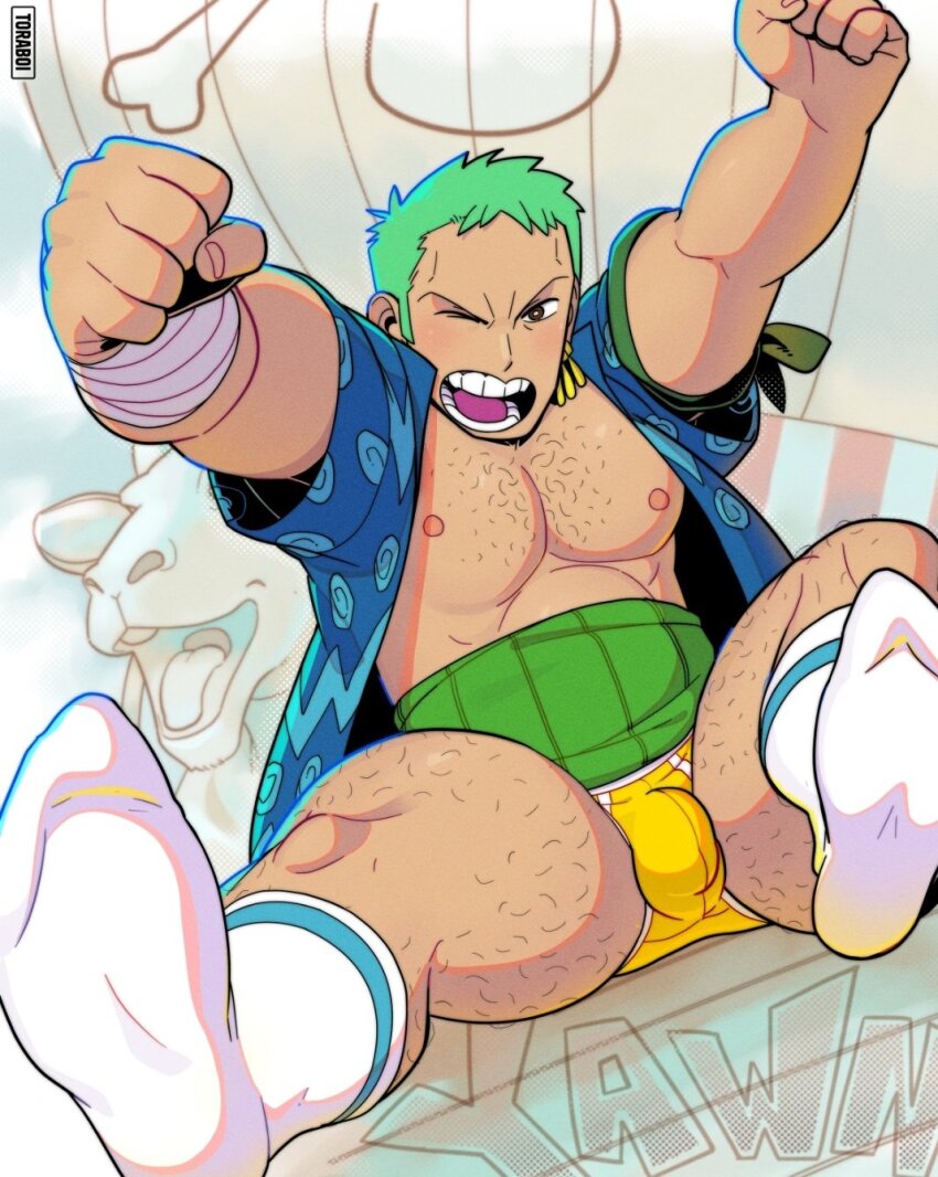 1boy alternate_body_hair bara bare_pectorals bulge chest_hair feet feet_out_of_frame foreshortening from_above green_hair highres large_pectorals leg_hair long_sideburns male_focus muscular muscular_male nipples official_alternate_costume one_eye_closed one_piece open_clothes open_shirt outstretched_arms pectorals roronoa_zoro short_hair sideburns socks solo spread_legs thick_thighs thighs toraboi white_socks