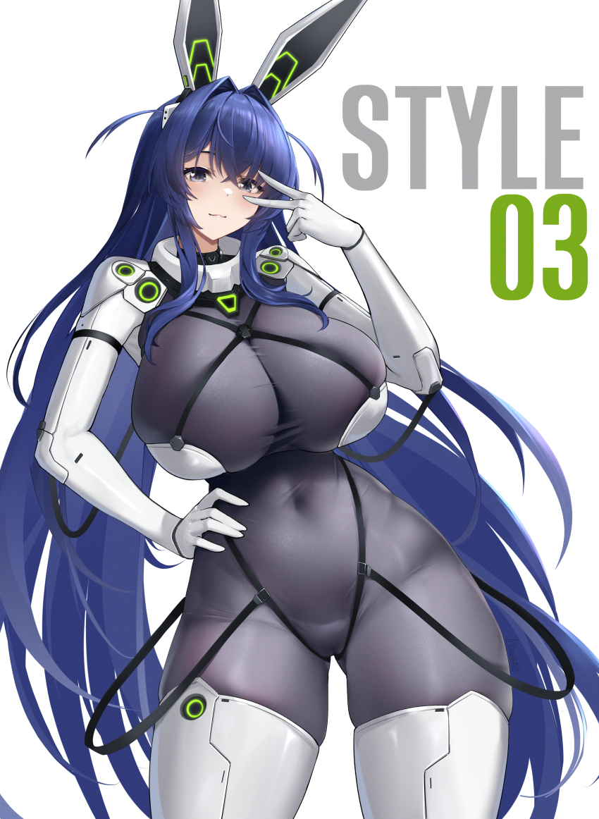 1girl :3 absurdly_long_hair absurdres animal_ears azur_lane black_bodysuit blue_eyes blue_hair bodysuit boots breasts cleavage closed_mouth commentary covered_navel cowboy_shot crossed_bangs fake_animal_ears gloves hair_between_eyes hair_intakes hand_on_own_hip highres irkawaza large_breasts long_hair looking_at_viewer new_jersey_(azur_lane) official_alternate_costume rabbit_ears see-through_cleavage see-through_clothes shrug_(clothing) sidelocks simple_background skindentation smile solo standing thigh_boots v v_over_eye very_long_hair white_background white_boots white_gloves white_shrug