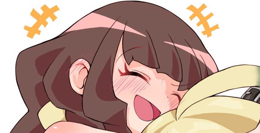 1boy 1girl blush brown_hair closed_eyes digimon digimon_ghost_game gerusyu highres smile symbareangoramon tsukiyono_ruli