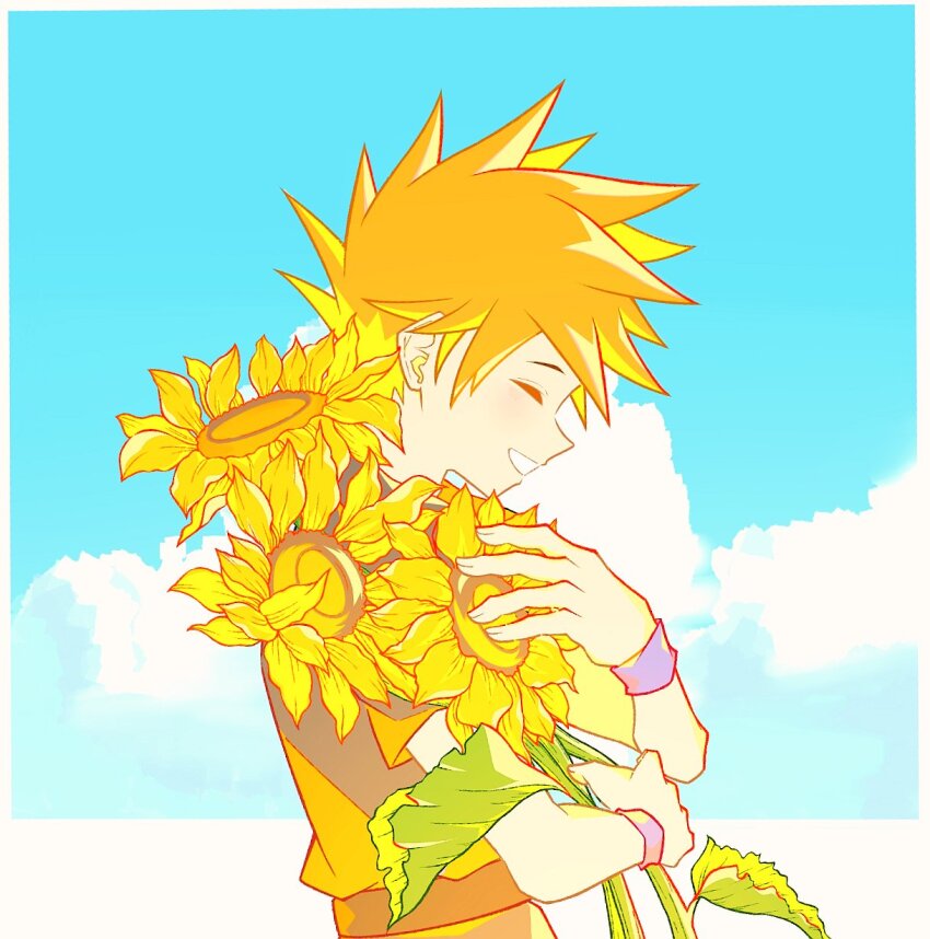 1boy arm_up black_shirt blue_oak border closed_eyes cloud cloudy_sky commentary flower hashtag-only_commentary highres holding holding_flower leaf li_gulugulugulu male_focus multiple_wristbands nintendo orange_hair outside_border plant pokemon pokemon_frlg profile shirt short_sleeves sky smile solo spiked_hair sunflower teeth upper_body white_border wristband yellow_flower