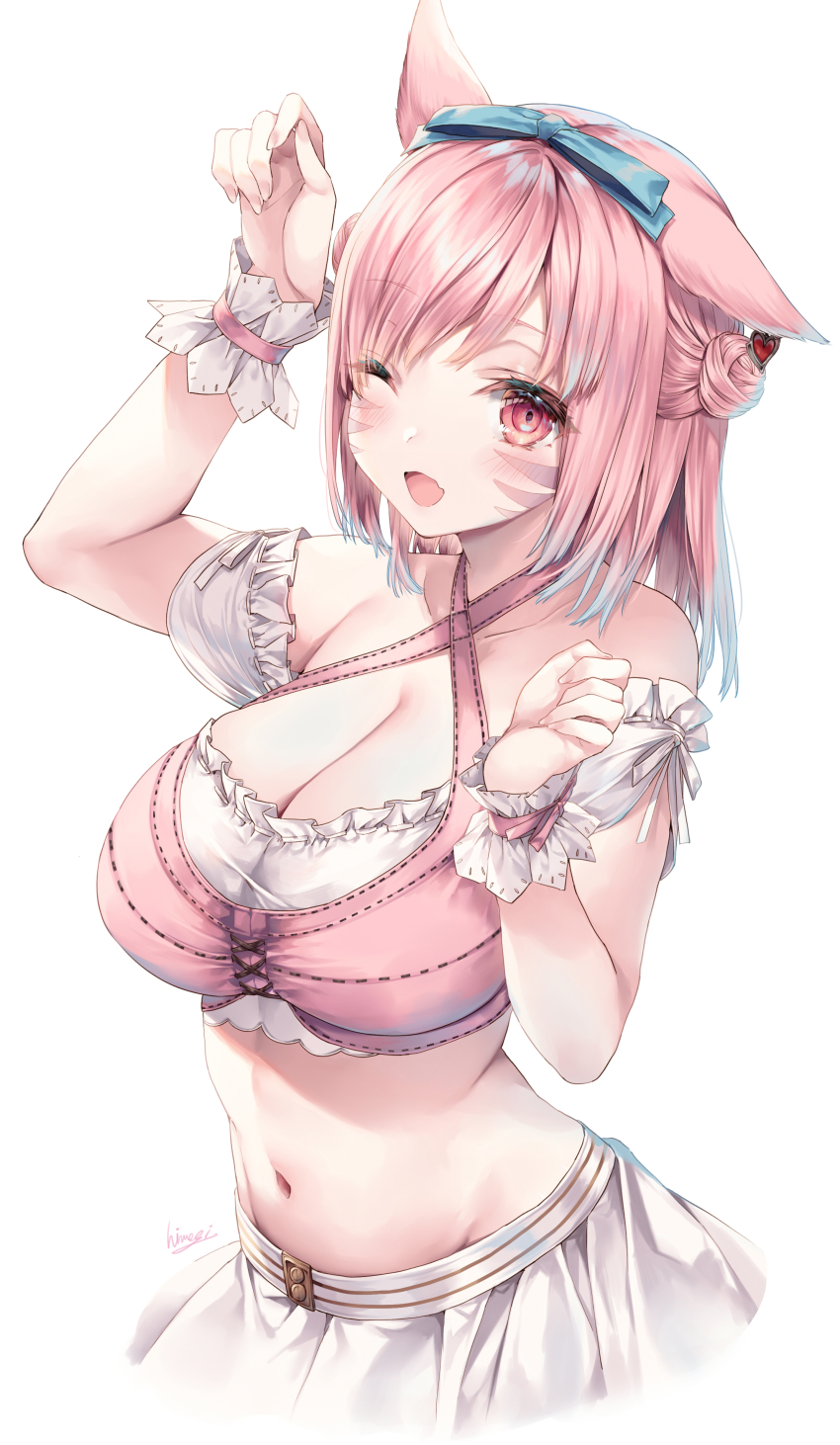 1girl absurdres animal_ears warrior_of_light_(ff14) blush breasts cat_ears cleavage criss-cross_halter facial_mark final_fantasy final_fantasy_xiv gradient_hair halterneck highres hime_gyo large_breasts medium_hair midriff miqo&#039;te multicolored_hair navel one_eye_closed open_mouth paw_pose pink_hair red_eyes solo whisker_markings white_background wrist_cuffs