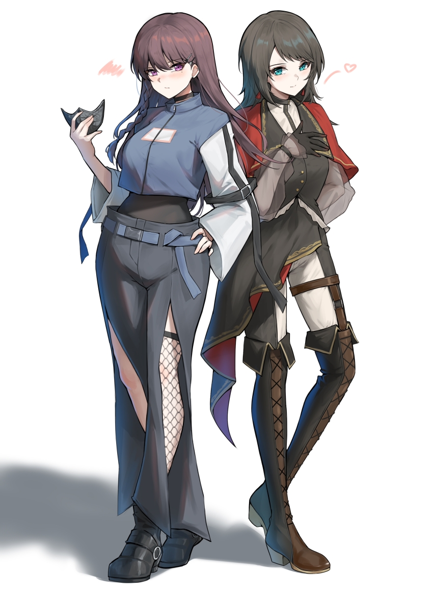 2girls absurdres bang_dream! bang_dream!_it&#039;s_mygo!!!!! black_boots black_choker black_gloves black_hair black_mask black_pants black_vest blazer blue_eyes blue_jacket boots borrowed_accessory braid breasts brown_hair capelet chinese_commentary choker closed_mouth commentary_request crop_top fishnet_thighhighs fishnets frills full_body gloves hair_ornament hairclip hand_on_own_chest hand_on_own_hip highres jacket knee_boots long_hair looking_at_viewer medium_breasts mole mole_under_eye multiple_girls pants purple_eyes red_capelet shiina_taki side_braid side_slit simple_background single_thighhigh standing thigh_boots thighhighs timoris_(bang_dream!) unique_(pixiv12704744) vest white_background yahata_umiri
