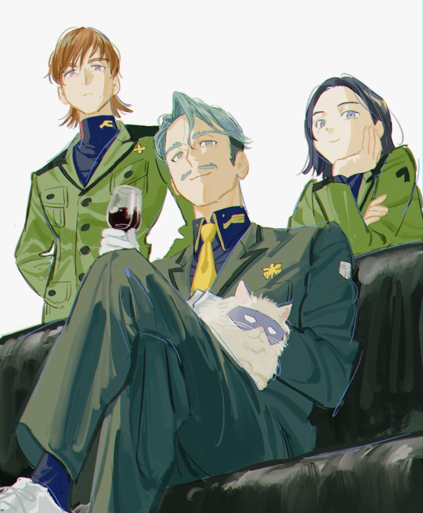 1girl 2boys animal animal_on_lap animalization black_hair blue_eyes brown_hair cat cat_on_lap challia_bull char_aznable collared_shirt comoli_harcourt couch cup drinking_glass eye_mask facial_hair gloves green_eyes green_hair gundam gundam_gquuuuuux highres holding holding_cup jacket long_sleeves looking_at_viewer military_uniform mole mole_under_eye mole_under_mouth multiple_boys mustache necktie on_couch on_lap pants purple_eyes shirt short_hair simple_background sitting smile thick_eyebrows tkrkve43 turtleneck white_background wine_glass xavier_olivette