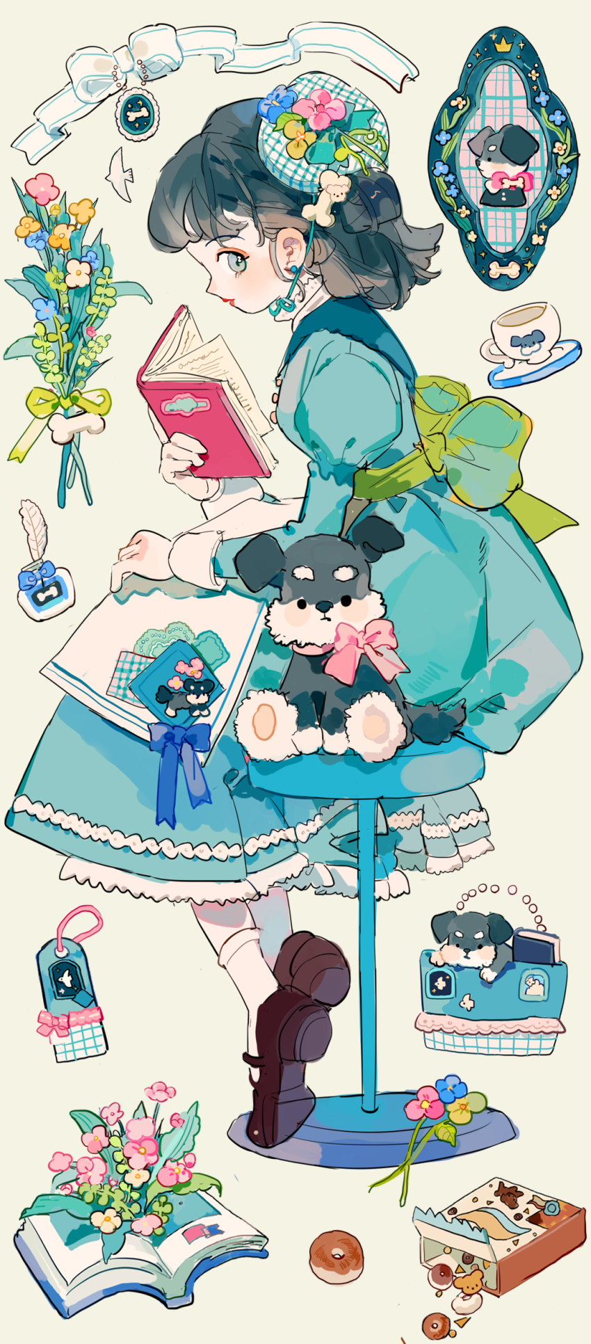 1girl absurdres aqua_dress aqua_theme bag bagel beads bird black_hair black_shoes blue_flower bone_hair_ornament book bouquet bow box charm_(object) classic_lolita closed_mouth cup dog dress dress_bow earrings expressionless fashion flower full_body green_background green_bow hair_ornament hat hat_flower highres holding holding_book inkwell jewelry juliet_sleeves lolita_fashion long_sleeves looking_at_viewer looking_to_the_side mary_janes medium_hair open_book original pink_flower plaid_clothes profile puffy_sleeves putong_xiao_gou quill red_flower red_lips ribbon saucer shoe_soles shoes simple_background sitting socks solo stool stud_earrings stuffed_animal stuffed_dog stuffed_toy tag teacup white_bow white_ribbon white_socks yellow_flower