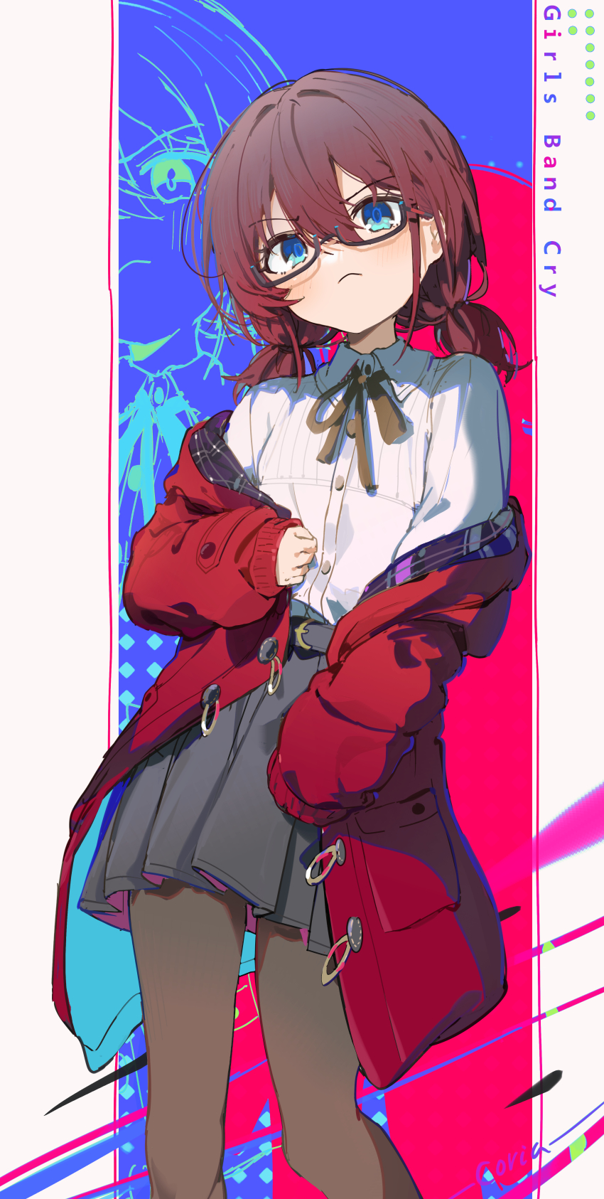 1girl absurdres belt black_belt black_pantyhose black_ribbon black_skirt blue_eyes brown_hair closed_mouth collared_shirt copyright_name coria girls_band_cry glasses hair_between_eyes highres iseri_nina jacket long_sleeves looking_at_viewer neck_ribbon open_clothes open_jacket pantyhose red_jacket ribbon shirt shirt_tucked_in signature skirt standing v-shaped_eyebrows white_shirt