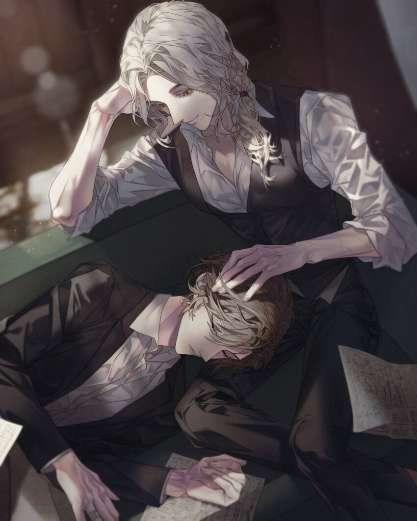 2boys alva_lorenz black_jacket black_pants black_vest blonde_hair blurry blurry_background closed_eyes closed_mouth collared_shirt colored_eyelashes couch feet_out_of_frame hair_between_eyes hair_over_shoulder head_rest headpat highres identity_v jacket korean_commentary lap_pillow light_particles long_hair looking_at_another low_ponytail luca_balsa lying male_focus multiple_boys on_side open_clothes open_collar open_jacket pants paper parted_bangs ponytail shirt short_hair short_ponytail sitting sleeping sleeves_rolled_up smile sope teacher_and_student upper_body vest white_shirt yellow_eyes