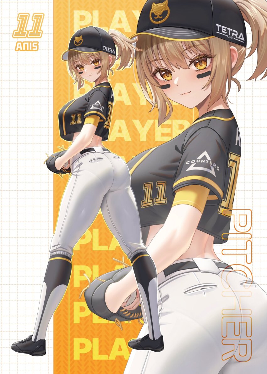 1girl alternate_costume anis_(nikke) ass baseball baseball_cap baseball_glove baseball_uniform blush brown_hair closed_mouth commentary from_behind full_body goddess_of_victory:_nikke hat highres looking_at_viewer looking_back ponytail short_hair short_sleeves smile sportswear standing subob_(subobdesu) thighs yellow_eyes