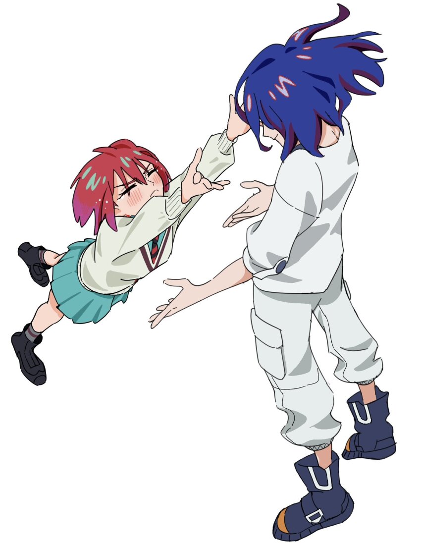 1boy 1girl amate_yuzuriha blue_hair blush closed_eyes collared_shirt colored_inner_hair commentary_request crying full_body gundam gundam_gquuuuuux highres long_sleeves midair multicolored_hair necktie pants purple_hair red_hair school_uniform shirt shoes short_hair shuji_ito simple_background skirt smile sweater two-tone_hair white_background white_shirt yy_shibata