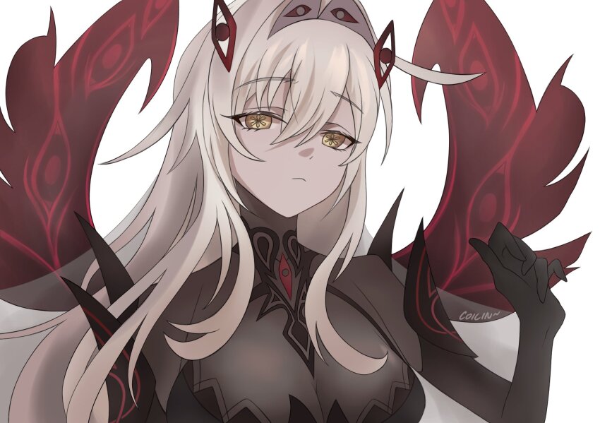 1girl bodystocking coilin07 extra_eyes eye_hair_ornament eye_symbol genshin_impact hair_intakes highres ronova_(genshin_impact) side_ahoge simple_background solo symbol-shaped_pupils too_many_eyes upper_body white_background white_hair yellow_eyes