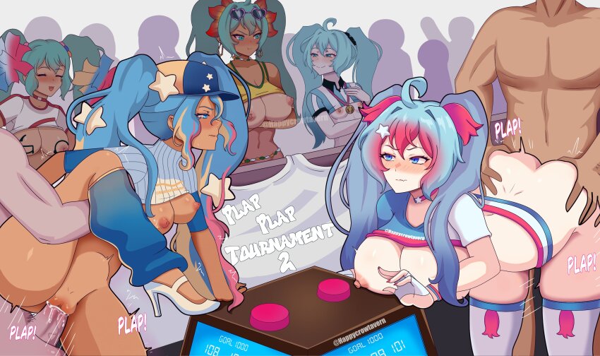 4girls absurdres aqua_hair argentina argentinian_flag argentinian_flag_print argentinian_miku arm_held_back ass bead_choker beads bent_over blush body_writing bouncing_breasts brazil brazilian_flag brazilian_flag_print brazilian_miku breasts cheering chile competition competitive_sex confetti cropped_shirt crowd dark-skinned_female dark_skin doggystyle earrings flag_print glaring group_sex hair_ornament hanging_breasts happycrowtavern hatsune_miku hetero highres jewelry large_breasts leg_up medium_breasts multiple_boys multiple_girls multiple_persona nipples nude orgasm orgy penis peru peruvian_miku_(ben_sadfleck) pom_pom_(cheerleading) sex sex_from_behind small_breasts smug stomach_bulge tan tanline v-shaped_eyebrows vaginal vocaloid worldwide_miku