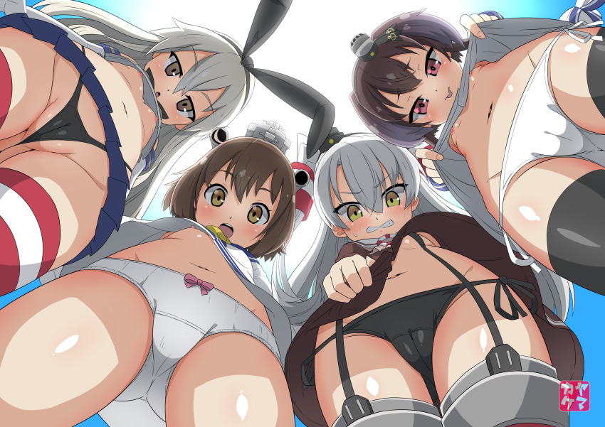 4girls :o :p absurdres amatsukaze_(kancolle) angry animal_ears arms_behind_back bare_shoulders black_hairband black_panties black_ribbon blonde_hair blue_skirt blue_sky blush bow bow_panties breasts brown_dress brown_hair clenched_teeth clothes_lift commentary_request covering_breasts covering_privates cropped_shirt curious day dress dress_lift dress_tug elbow_gloves embarrassed exhibitionism expressionless from_below garter_straps gloves gradient_hair groin hair_between_eyes hair_ribbon hair_tubes hairband hands_up headgear highleg highleg_panties highres hip_focus innertube kantai_collection legs_apart lifting_own_clothes long_hair long_sleeves looking_at_viewer looking_down medium_hair microskirt midriff multicolored_hair multiple_girls naughty_face navel neckerchief nipples no_bra no_pants outdoors panties pink_bow pink_eyes pleated_skirt presenting public_indecency rabbit_ears red_eyes ribbon rigging sailor_dress school_uniform seductive_smile serafuku shimakaze_(kancolle) shirt shirt_lift short_dress short_hair side-tie_panties skirt sky sleeveless sleeveless_shirt small_breasts smile smug standing staring stomach striped_clothes striped_thighhighs sun surprised swim_ring teeth thighhighs thighs tokitsukaze_(kancolle) tongue tongue_out underwear upper_teeth_only upshirt upskirt very_long_hair white_dress white_gloves white_hair white_panties wind wind_lift yamakake_(tororo1293) yellow_eyes yellow_neckerchief yukikaze_(kancolle)