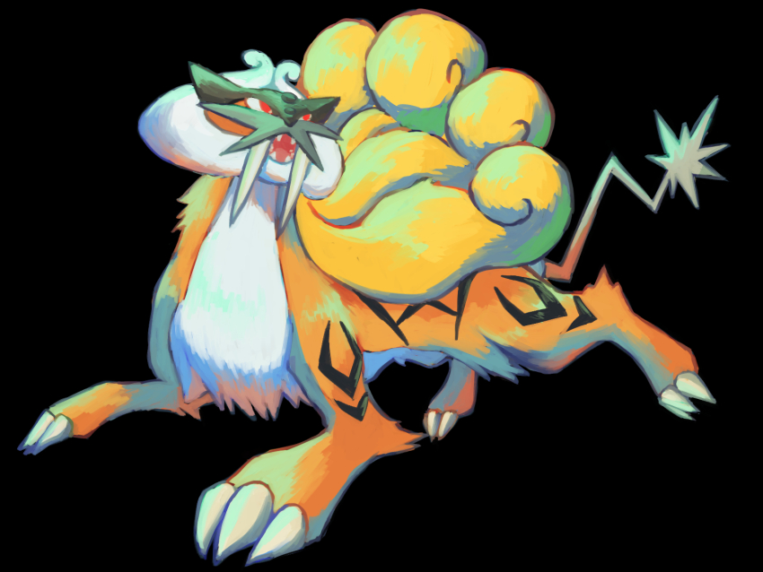7_phi_3 alternate_color animal_focus black_background blonde_hair claws fangs full_body gen_2_pokemon highres legendary_pokemon long_hair nintendo no_humans open_mouth pokemon pokemon_(creature) raikou red_eyes shiny_pokemon simple_background solo