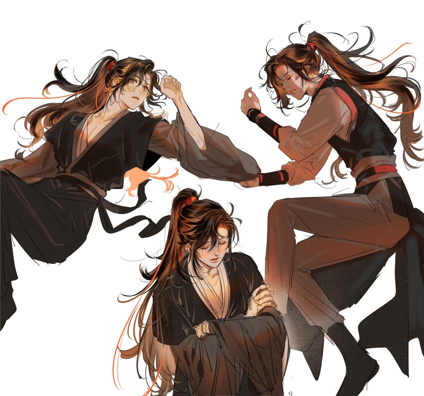 1boy absurdres ahoge black_boots black_hair black_hanfu blush boots brown_eyes brown_hair chinese_clothes closed_eyes closed_mouth collarbone crossed_arms full_body grey_pants hair_ribbon hand_up hanfu high_ponytail highres knee_up korean_commentary long_hair long_sleeves looking_at_viewer lying male_focus modao_zushi multiple_views niken_(niken_ouo) on_back on_side open_mouth pants parted_lips pectoral_cleavage pectorals ponytail red_pupils red_ribbon ribbon robe sash sidelocks simple_background sitting sleeping standing tunic wei_wuxian white_background wide_sleeves