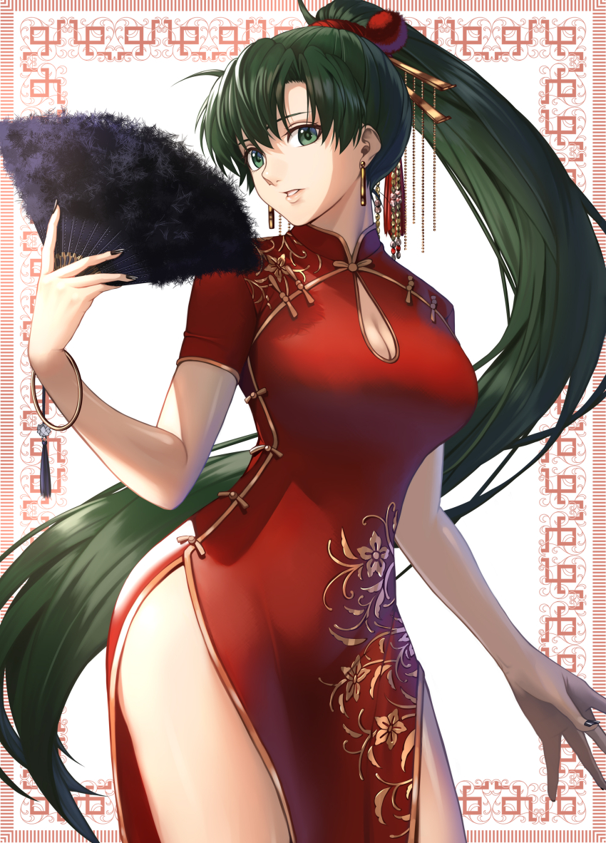 1girl absurdres alternate_costume black_nails breasts china_dress chinese_clothes cleavage_cutout clothing_cutout commentary_request delsaber dress earrings fingernails fire_emblem fire_emblem:_the_blazing_blade fur_fan gold_trim green_eyes green_hair hand_fan highres holding holding_fan jewelry large_breasts lips long_hair looking_at_viewer lyn_(fire_emblem) nintendo parted_lips pink_lips ponytail red_dress short_sleeves side_slit smile solo thighs very_long_hair