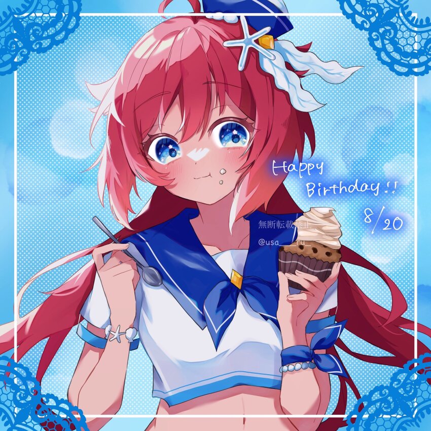 1girl blue_background blue_eyes blue_sailor_collar blush bow character_name commentary_request crop_top eating food food_on_face hair_between_eyes hair_ornament halftone halftone_background hat highres holding holding_spoon ice_cream long_hair nogiro_(usa_ru) polka_dot polka_dot_background red_hair sailor_collar shirt short_sleeves smile solo spoon upper_body watermark white_shirt world_dai_star wristband yonaguni_hikari