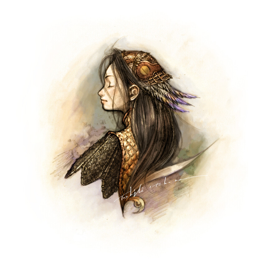 1girl album_cover armor artist_name black_hair chainmail clavat closed_eyes closed_mouth cover feathers final_fantasy final_fantasy_crystal_chronicles highres itahana_toshiyuki long_hair official_art simple_background solo textless_version upper_body white_background