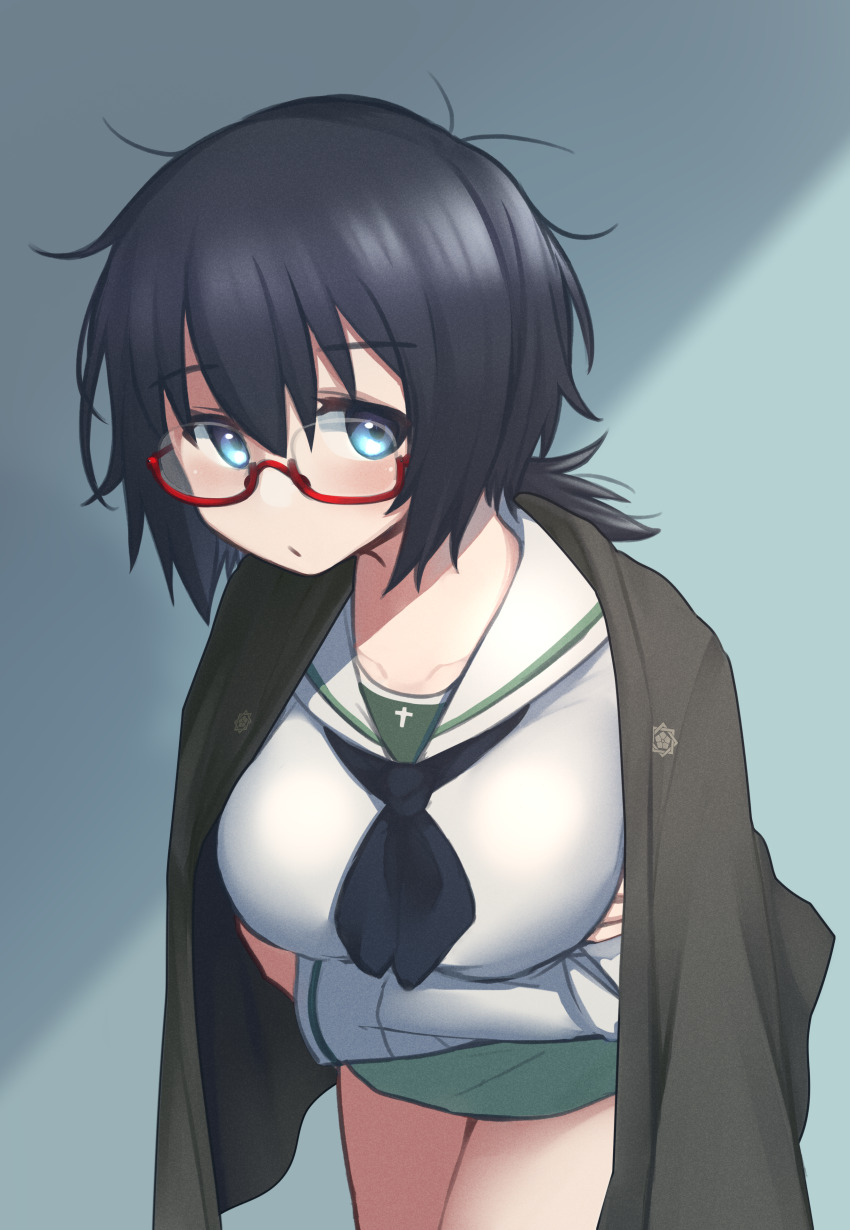 1girl absurdres black_eyes black_hair black_haori black_neckerchief blouse blue_background blush breast_hold breasts closed_mouth commentary cowboy_shot girls_und_panzer glasses green_skirt haori highres japanese_clothes large_breasts leaning_forward light_frown long_sleeves looking_at_viewer m1saki_1 medium_hair messy_hair miniskirt neckerchief ooarai_school_uniform oryou_(girls_und_panzer) pleated_skirt ponytail red-framed_eyewear sailor_collar sakamoto_clan_(emblem) school_uniform semi-rimless_eyewear serafuku shirt short_ponytail skirt solo standing under-rim_eyewear white_sailor_collar white_shirt