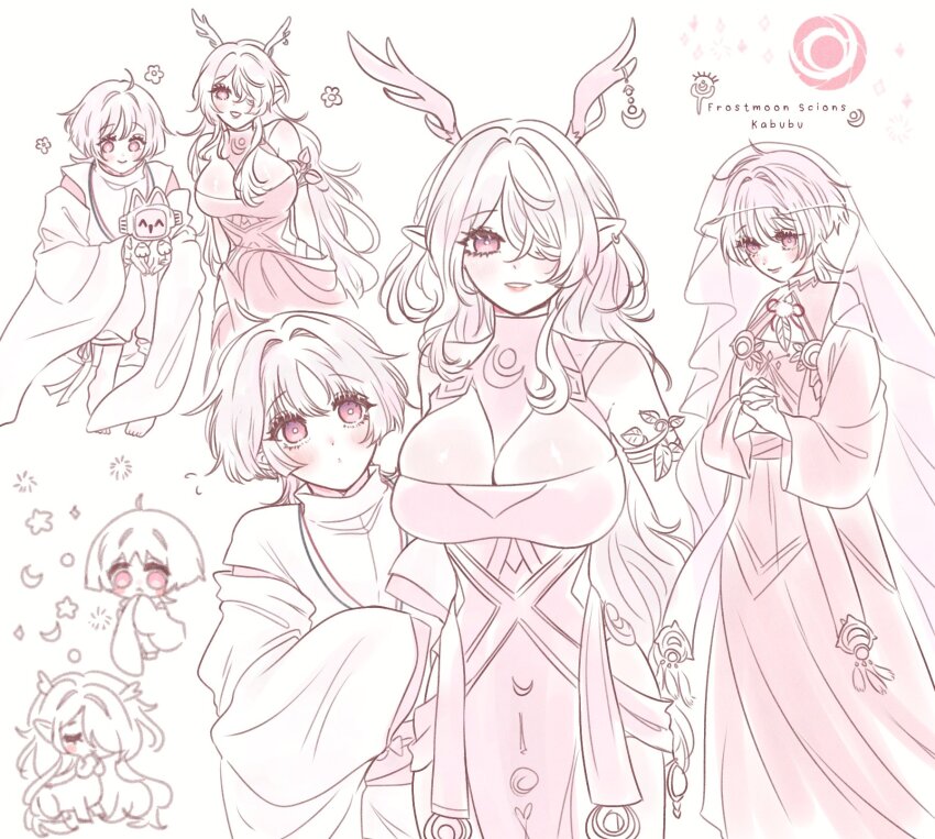 1boy 1girl ahoge alternate_costume androgynous antler_ornament antlers armlet asymmetrical_sidelocks barefoot blunt_ends blush breasts centauroid choppy_bangs cleavage_cutout closed_mouth clothing_cutout crescent_print deer_antlers deer_girl detached_sleeves dress eyelashes feathers furisode genshin_impact hair_intakes hair_over_one_eye height_difference highres hip_vent holding horns japanese_clothes jewelry kimono large_breasts lauma_(genshin_impact) leaf long_hair long_sleeves looking_at_another looking_at_viewer mimacbr open_mouth own_hands_clasped own_hands_together pants parted_bangs pelvic_curtain pink_theme pointy_ears pom_pom_(clothes) robe scaramouche_(genshin_impact) scaramouche_(kabukimono)_(genshin_impact) shoulder_cutout sidelocks sitting smile string tareme taur toes wavy_hair wide_sleeves