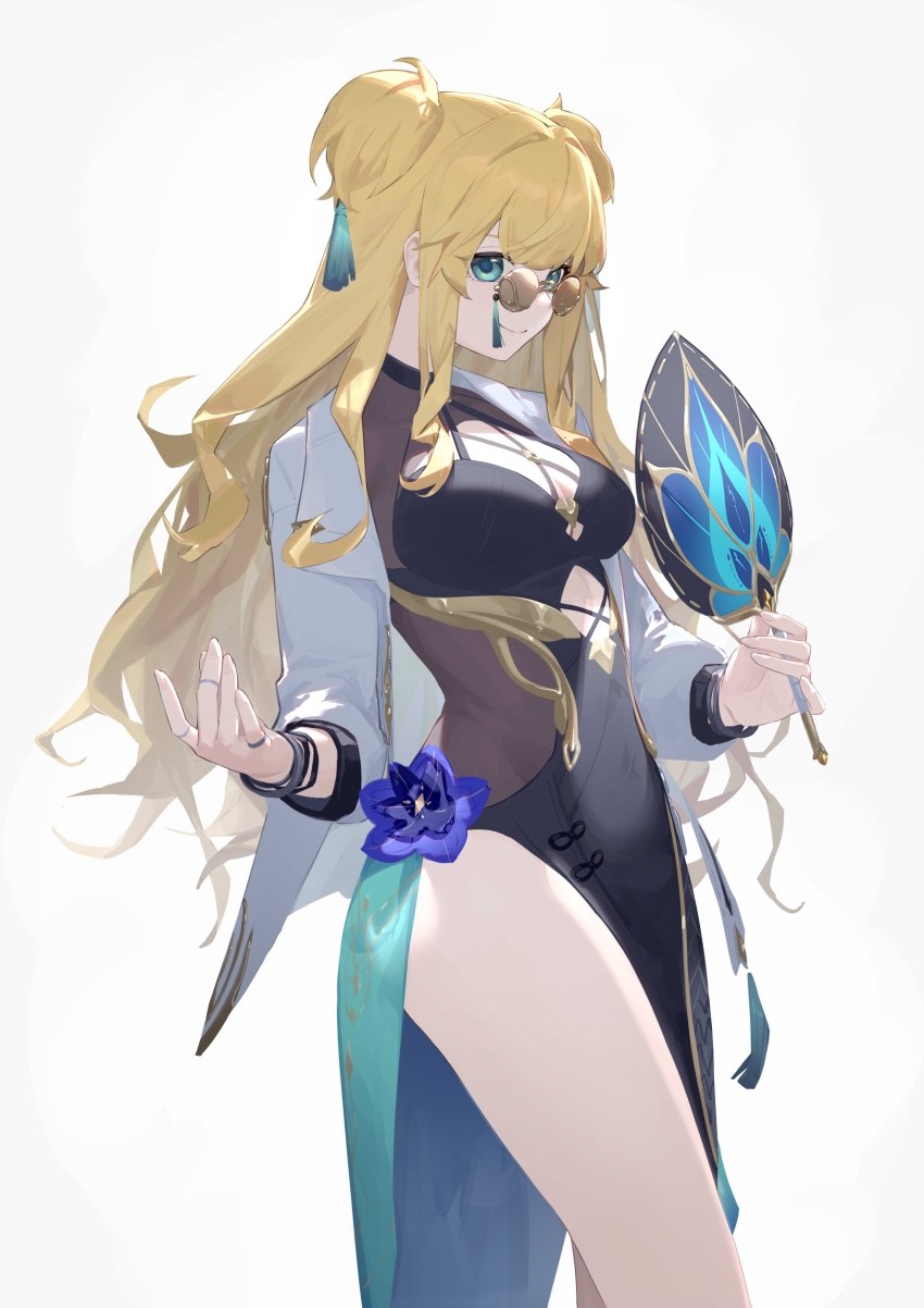 1girl absurdres black_dress blonde_hair blue_flower breasts chinese_commentary commentary dress dress_flower feet_out_of_frame flower hair_ornament hand_fan highres holding holding_fan honkai_(series) honkai_impact_3rd jacket large_breasts long_hair long_sleeves pmg round_eyewear simple_background solo songque songque_(astralop) sunglasses tassel tassel_hair_ornament two_side_up very_long_hair white_background white_jacket