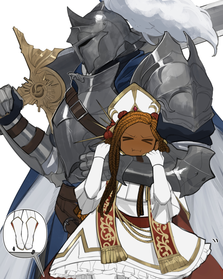&gt;_&lt; 1boy 1girl adramelekh_(kyou) armor belt brown_hair choke_hold cleric dark_skin dreadlocks dress gloves helmet highres holding holding_sword holding_weapon knight kyou_(iuciferic) original size_difference strangling sword weapon white_background white_dress white_gloves