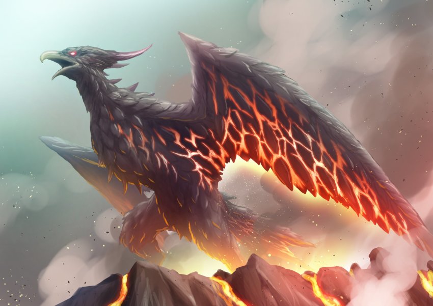 claws commentary elemental_(creature) embers fire fire_elemental giant glowing glowing_eyes godzilla:_king_of_the_monsters godzilla_(series) highres kaiju kuroda_asaki legendary_pictures lava monster monsterverse no_humans open_mouth pterosaur red_eyes rock rodan rodan_(monsterverse) scales smoke tail toho translation_request volcano wings