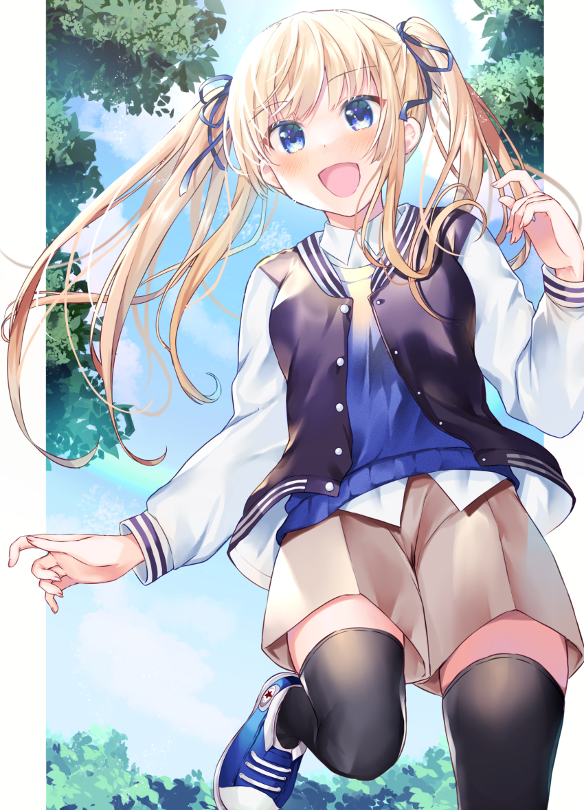 1girl 2021 :d black_ribbon black_thighhighs black_vest blonde_hair blue_eyes blue_shoes blue_sky blue_sweater_vest blush brown_skirt buttons collared_shirt commentary_request commission dated_commentary day floating_hair foot_out_of_frame hair_ribbon hand_up happy highres long_hair long_sleeves looking_at_viewer miniskirt open_clothes open_mouth open_vest outdoors ribbon saenai_heroine_no_sodatekata sawamura_spencer_eriri shirt shoes sidelocks skeb_commission skirt sky smile sneakers solo standing standing_on_one_leg sunlight sweater_vest thighhighs twintails vest white_shirt yam_(yamap_mako) zettai_ryouiki
