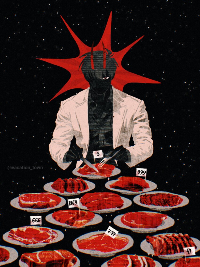 1boy banquet black_hair black_shirt coat cutlery cutting demon_horns distortion faceless food fork glitch halo halo_behind_head highres holding holding_fork holding_knife horns kim_dokja knife looking_at_viewer male_focus meat night night_sky numbered official_alternate_costume omniscient_reader&#039;s_viewpoint one_eye_covered plate red_eyes shirt sky solo space spiked_halo star_(sky) starry_sky upper_body vacation_town white_coat