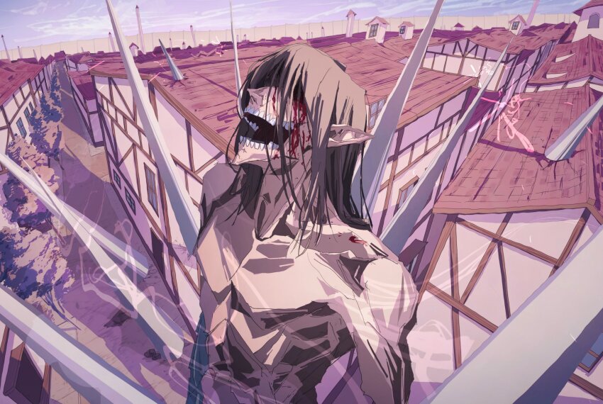 1boy absurdres blood blood_on_face city eren_yeager highres long_hair myforuwlglij69i open_mouth pointy_ears shingeki_no_kyojin sky solo spikes teeth titan_(shingeki_no_kyojin) tree
