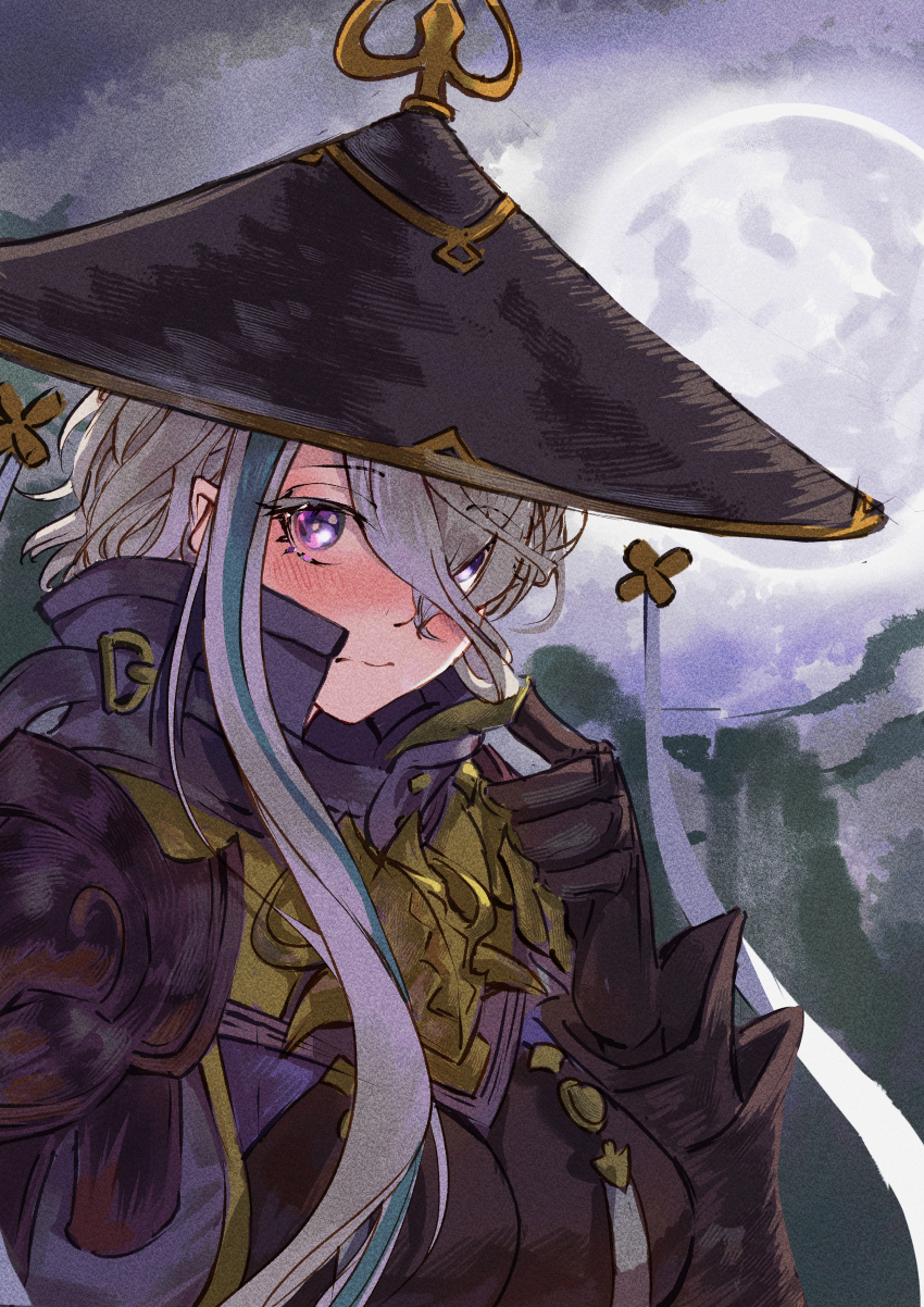 1girl absurdres aqua_hair armor black_hat blush closed_mouth commentary english_commentary fate/grand_order fate_(series) gauntlets grey_hair hat highres huyan_zhuo_(fate) jarrchesky jingasa long_hair looking_at_viewer moon multicolored_hair night night_sky outdoors purple_eyes sky solo streaked_hair two-tone_hair