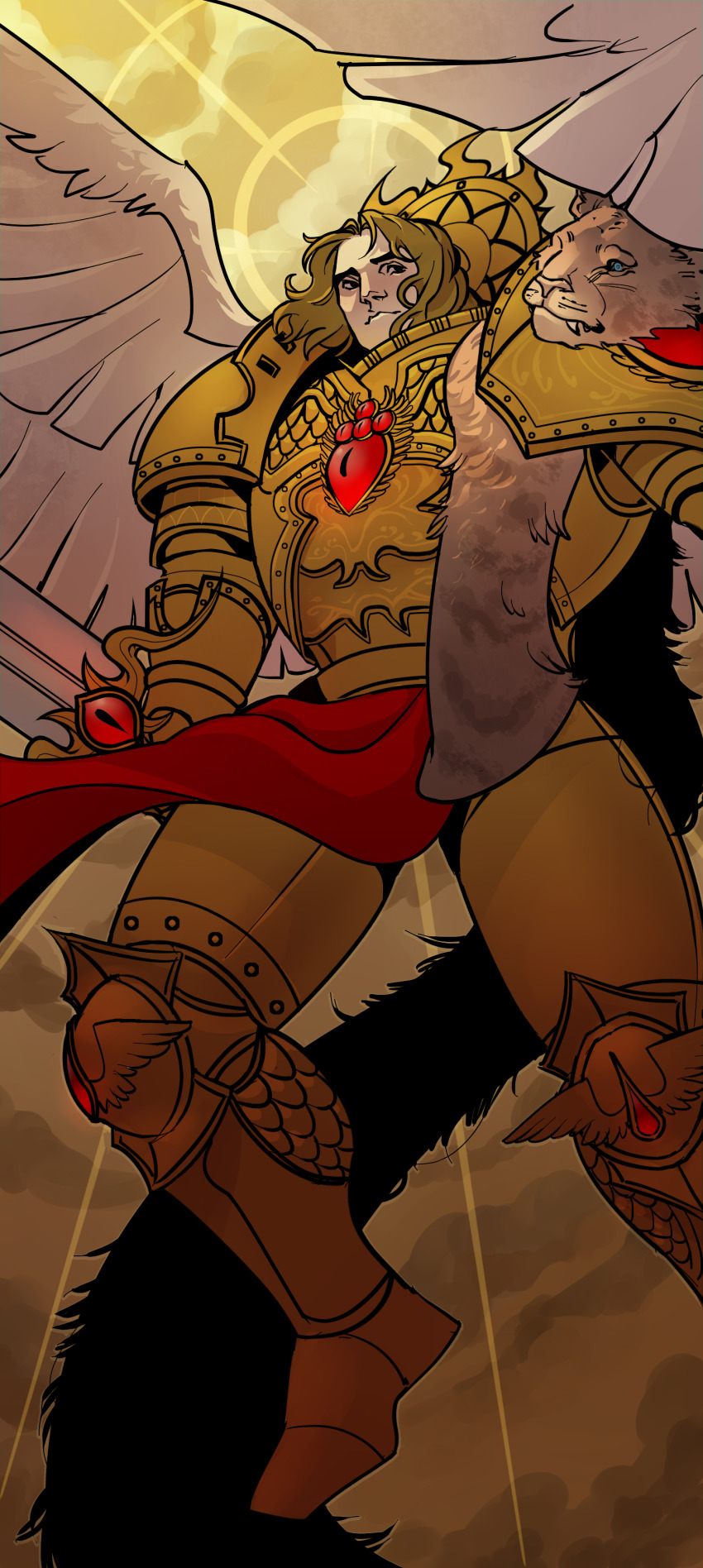 absurdres angel angel_wings armor armored_boots black_eyes blade_encarmine blonde_hair blood_angels blue_eyes boots breastplate cloud commentary couter crotch_plate cuirass drop_symbol english_commentary eye_of_horus_(warhammer) eyes_of_horus_(warhammer_40k) fangs from_below gauntlets gem gold_armor greaves halo halo_effect highres holding holding_sword holding_weapon leg_armor leopard_pelt lips long_hair medium_hair natalia_kikicheva nose ornate_armor outdoors pauldrons pelt pelvic_curtain poleyn power_armor primarch red_gemstone regalia_resplendent rerebrace sanguinius shoulder_armor smile snow_leopard_pelt sun_symbol sword warhammer_40k weapon white_wings wings